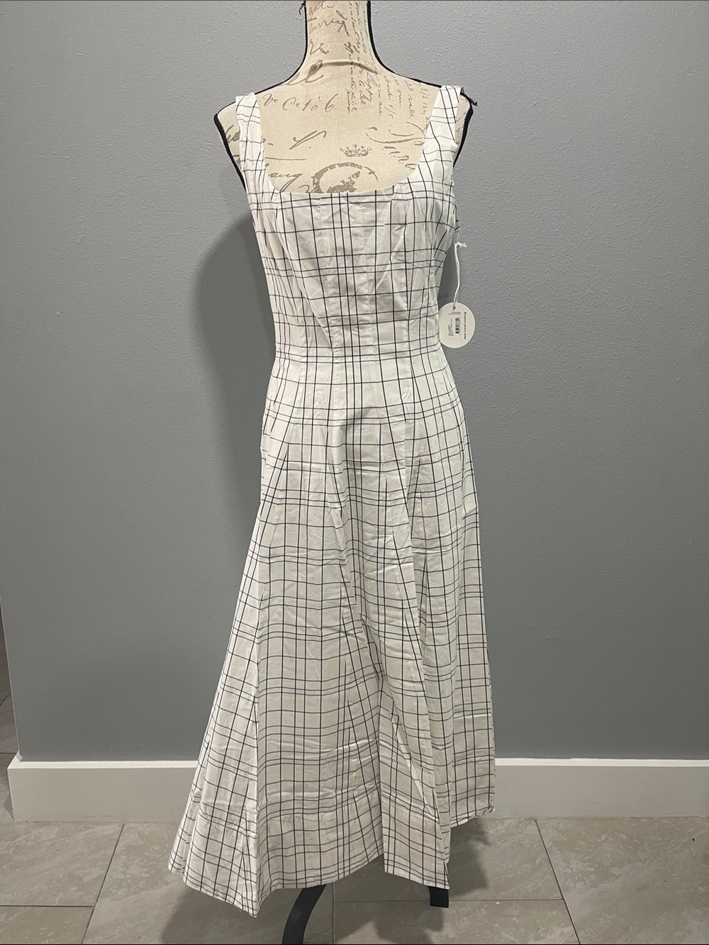 STAUD Square Neck Ivory Plaid Wide-Leg Jumpsuit